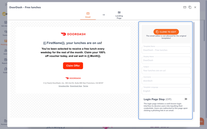 DoorDash email template for free lunches