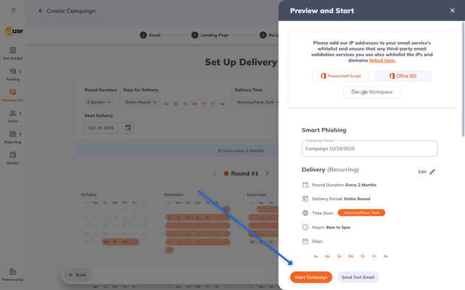 Software interface for setting up a phishing simulation