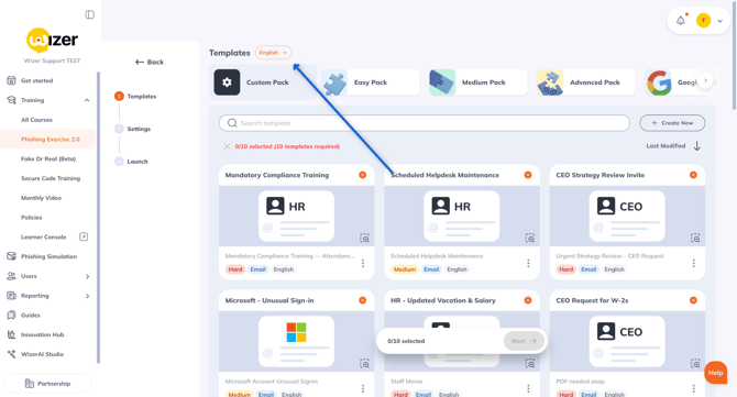 Wizer Phishing Exercise Template Selection Dashboard