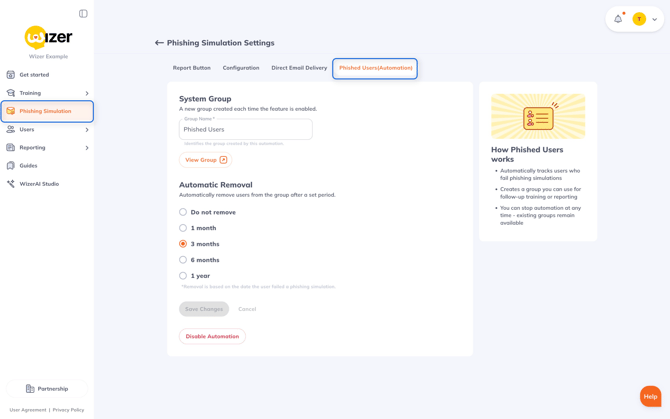 Wizer Phishing Simulation Automation Settings Interface