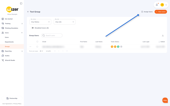 Wizer User Management Interface Showing Test Group Users